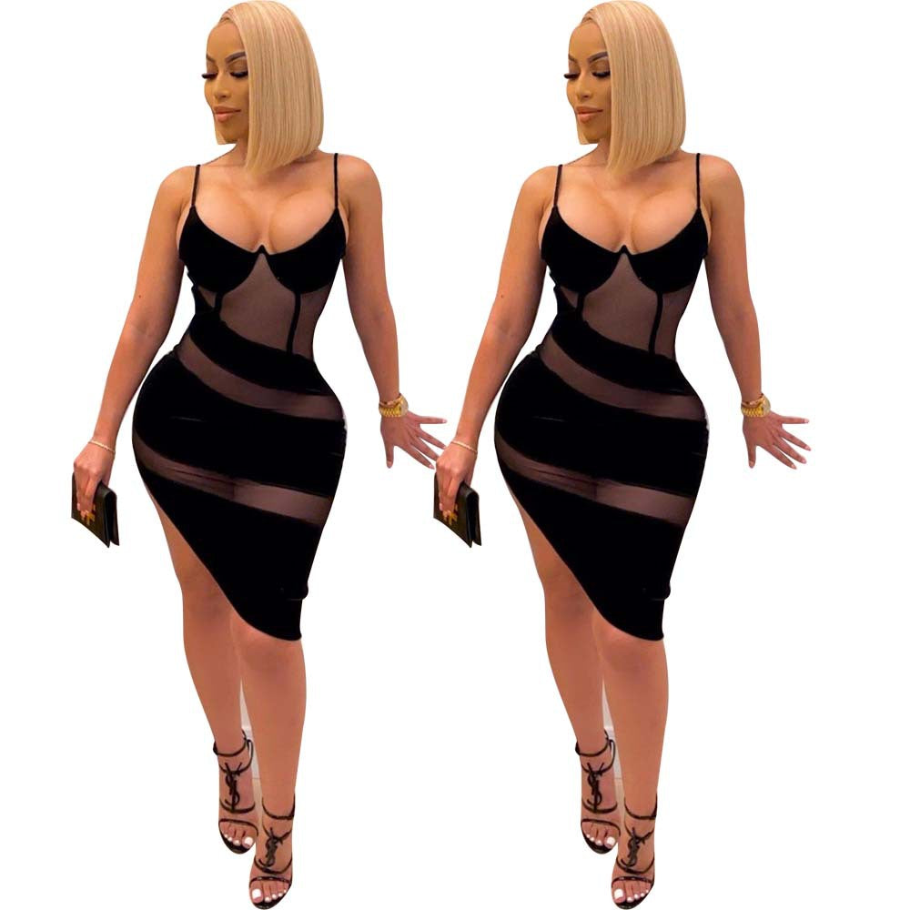 VK2087 AliExpress sexy European and American V-neck straps mesh perspective wrapped chest bag hip skirt nightclub skirt