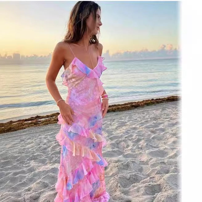 European and American style ins foreign trade women's fashion printing sexy sling backless lace irregular dress trendy Dress