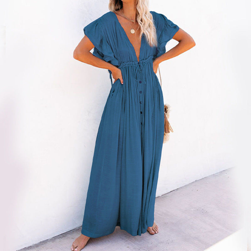 2023 cross-border foreign trade independent station new solid color beach cover-up long skirt sun protection shirt Hawaii seaside vacation