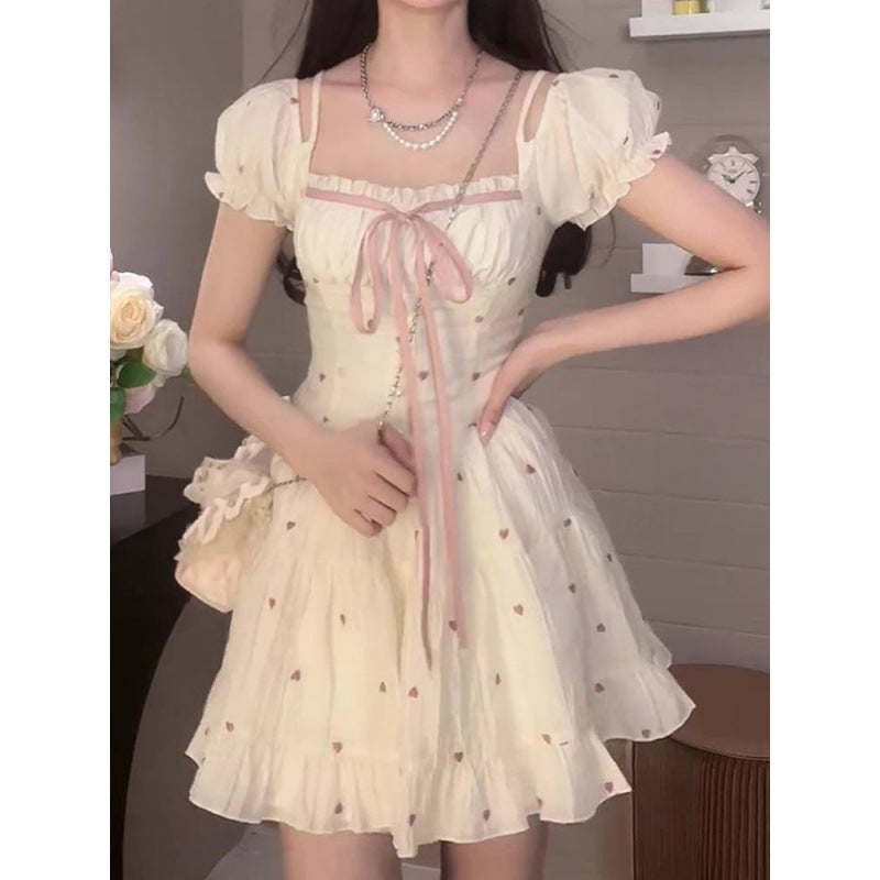 Design niche high waist slim dress women's summer new style puff sleeve square collar age-reducing princess puffy skirt
