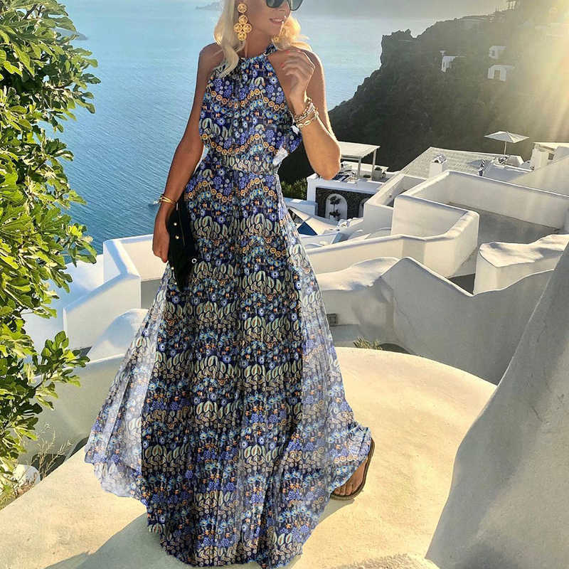 2021 European and American foreign trade new style round neck sleeveless printed pleated dress women's dress long skirt