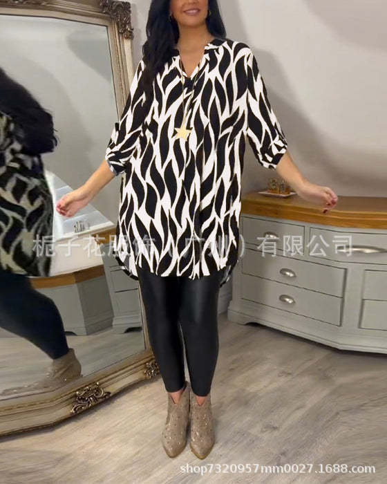 Women's cross-border clothing, spring and autumn new style, Amazon cross-border European and American fashion patterned V-neck plus size mid-sleeve top shirt