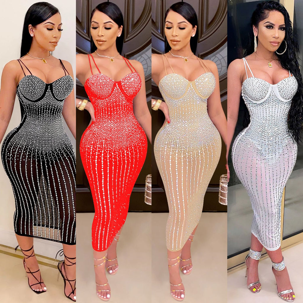 X3805 Cross-border new product European and American fashion women's clothing Party nightclub mesh see-through ironing diamond inlaid diamond strap dress