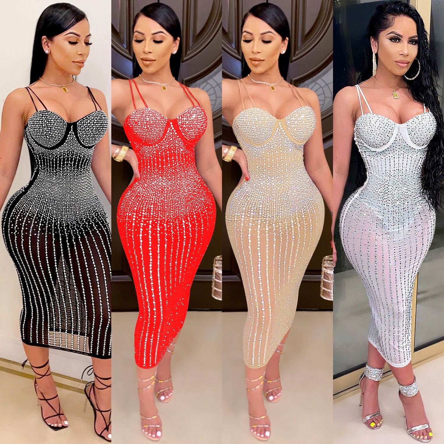 X3805 Cross-border new product European and American fashion women's clothing Party nightclub mesh see-through ironing diamond inlaid diamond strap dress
