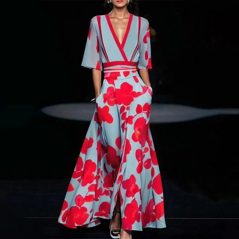 2024 European and American cross-border Amazon women's clothing new printed pleated belt temperament commuter dress