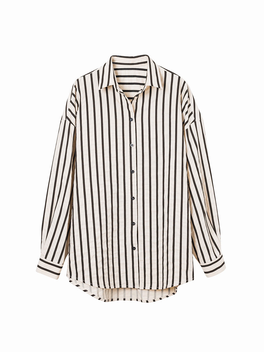 Lazy French style Hong Kong style temperament long-sleeved tops for women, design niche striped shirts, all-match early autumn