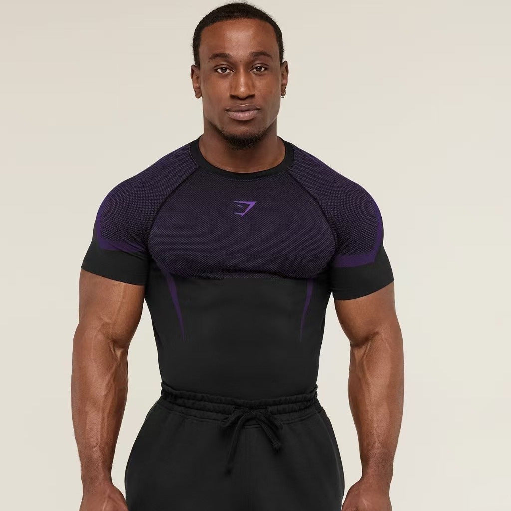 GYMSHARK Men's Fitness Top, Casual Running, Quick-Drying, Breathable, Tight-Fitting Short-Sleeve T-Shirt, Men's Muscle Shark