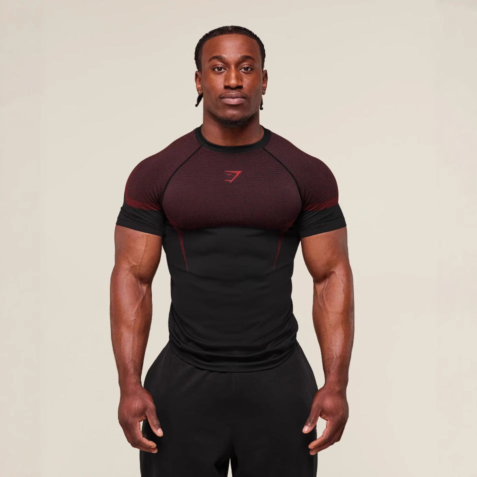 GYMSHARK Men's Fitness Top, Casual Running, Quick-Drying, Breathable, Tight-Fitting Short-Sleeve T-Shirt, Men's Muscle Shark