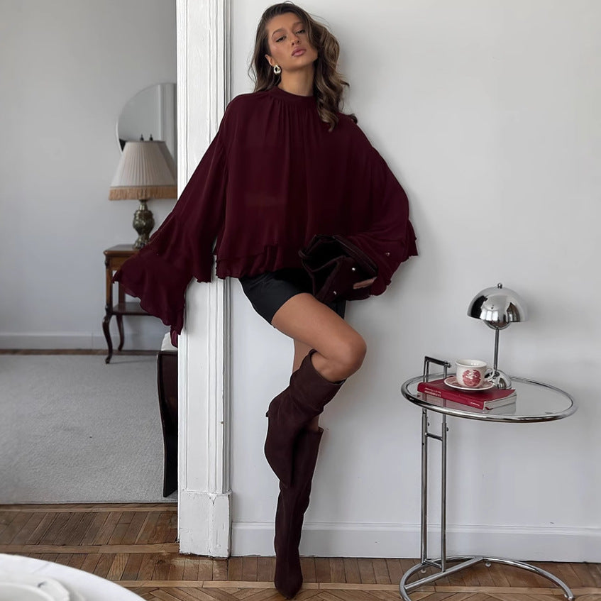 Cross-border European and American style 2025 autumn new women's clothing solid color chiffon top with ruffled long sleeve layered casual shirt