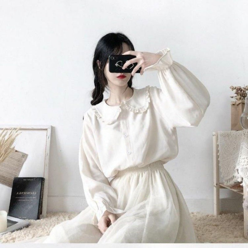 Inner shirt, autumn Japanese style soft girl cute lace doll collar lace-up long-sleeved top as base layer