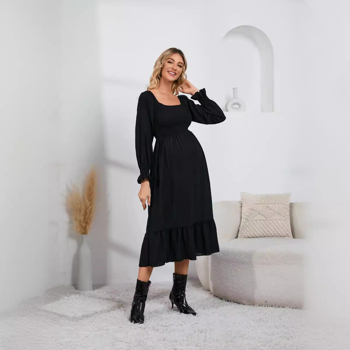 square collar spring and autumn new long sleeve ruffled high waist maternity skirt solid color dress