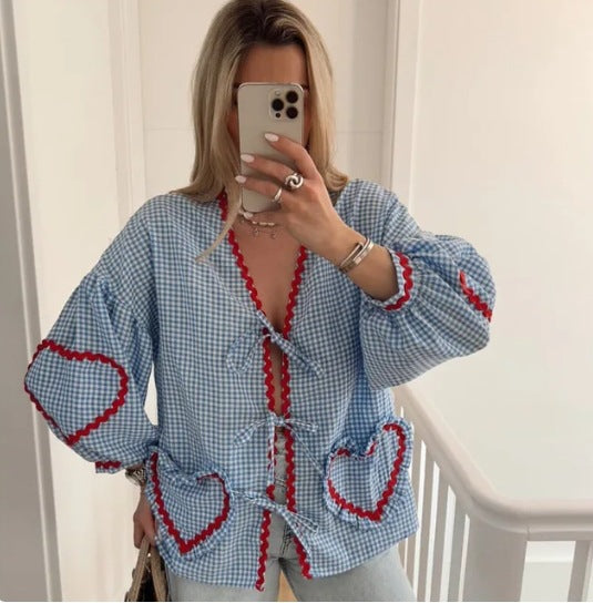 GY25071 Fashion contrast color plaid lantern sleeve top