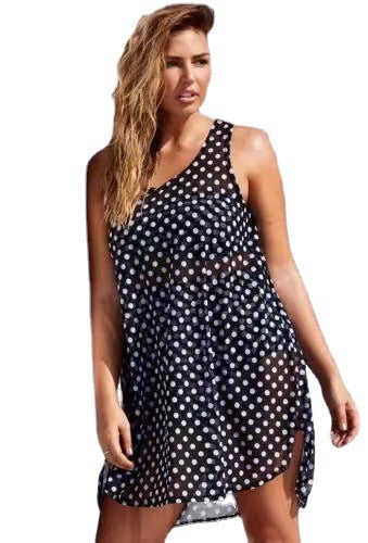 Cross-border foreign trade hot-selling hot-selling 2023 spring and summer fashion versatile printed polka dot round neck short and medium skirt women's dress