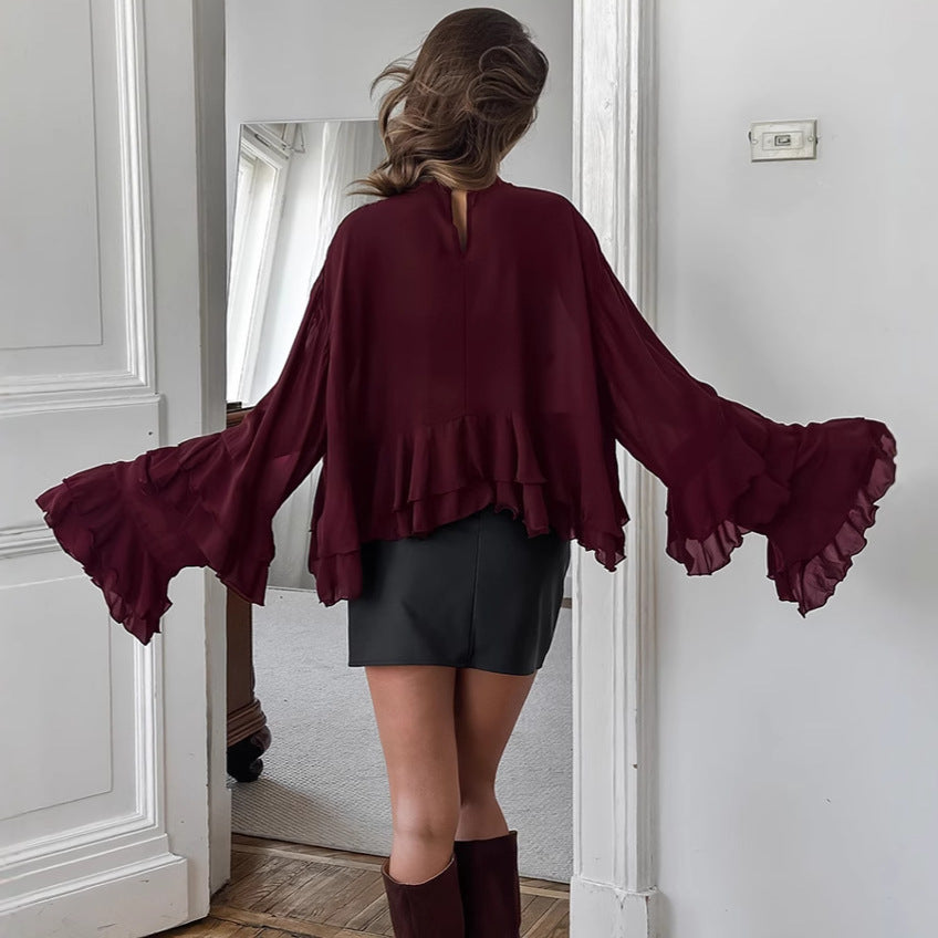 Cross-border European and American style 2025 autumn new women's clothing solid color chiffon top with ruffled long sleeve layered casual shirt
