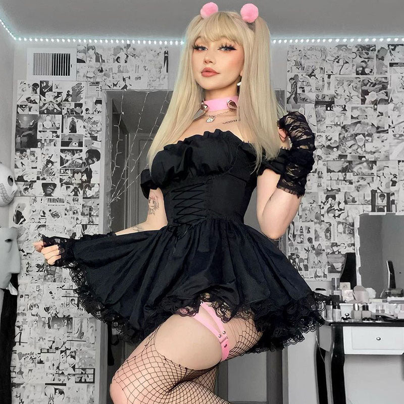 CC21011 one-shoulder lace stitching dress European and American dark style temperament waist slimming fluffy short skirt female