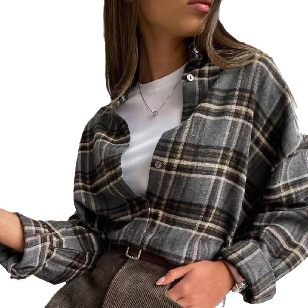 Amazon 2025 Spring and Autumn Cross-border Retro All-match Lapel Loose Shirt #Plaid Long Sleeve Pocket Women's Shirt