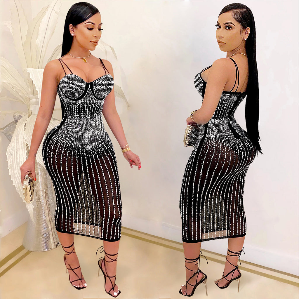 X3805 Cross-border new product European and American fashion women's clothing Party nightclub mesh see-through ironing diamond inlaid diamond strap dress