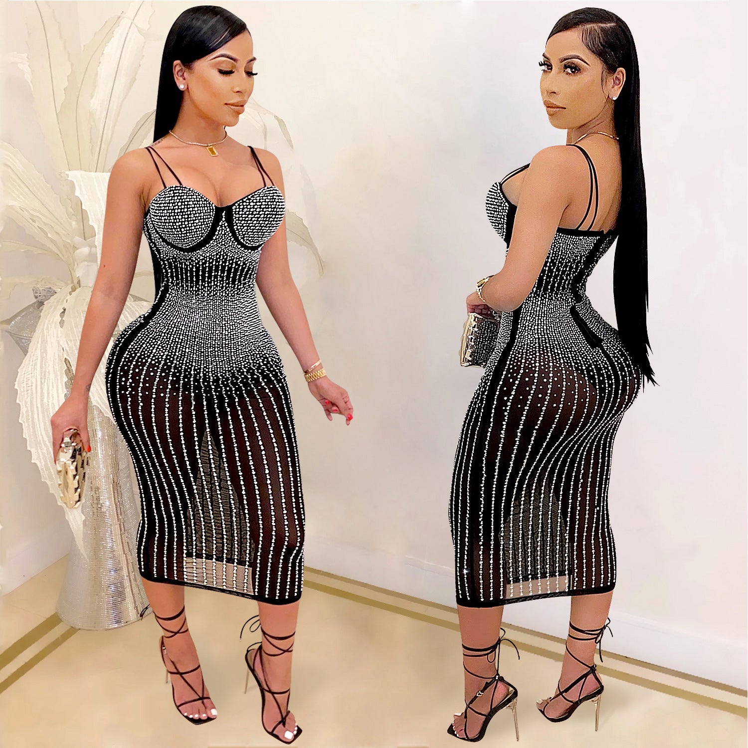 X3805 Cross-border new product European and American fashion women's clothing Party nightclub mesh see-through ironing diamond inlaid diamond strap dress
