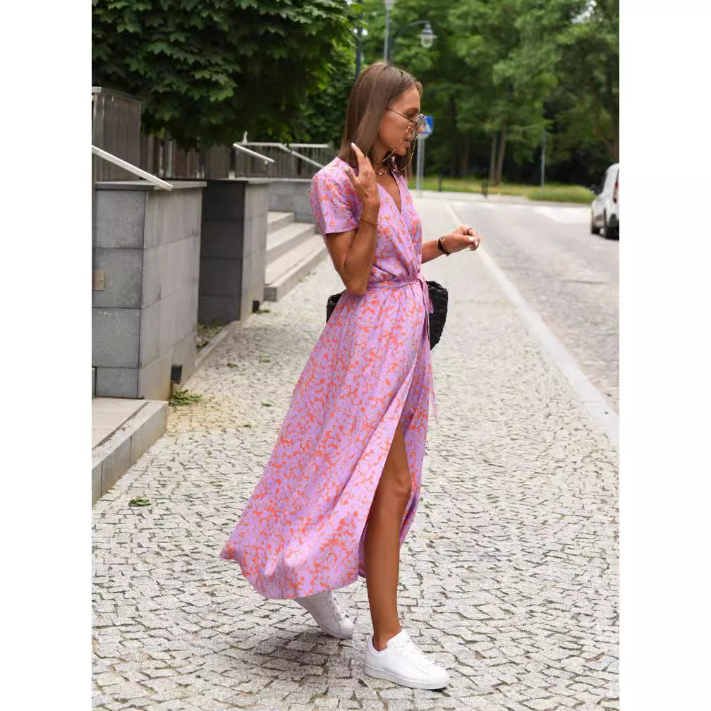 Amazon hot sale new summer European and American printed V-neck short-sleeved lace-up adjustable waist slit long skirt dress
