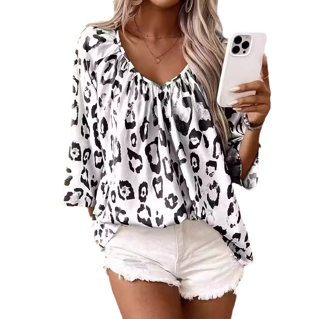 2024 European and American cross-border spring and summer women's clothing temperament commuter tops khaki leopard print large V-neck pleated three-quarter sleeve shirt