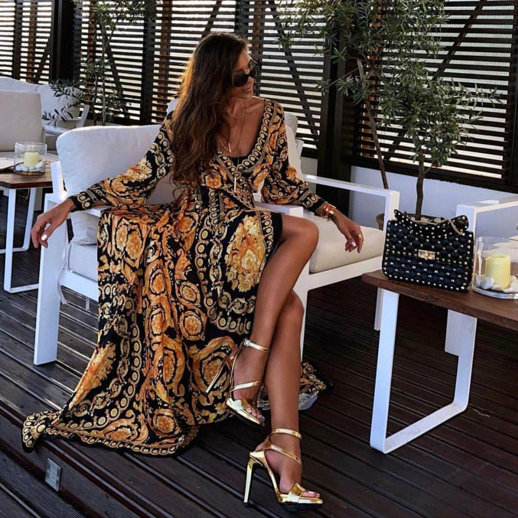 Cross-border 2019 European and American foreign trade wish Amazon hot sale casual sexy deep V slit dress printed long skirt