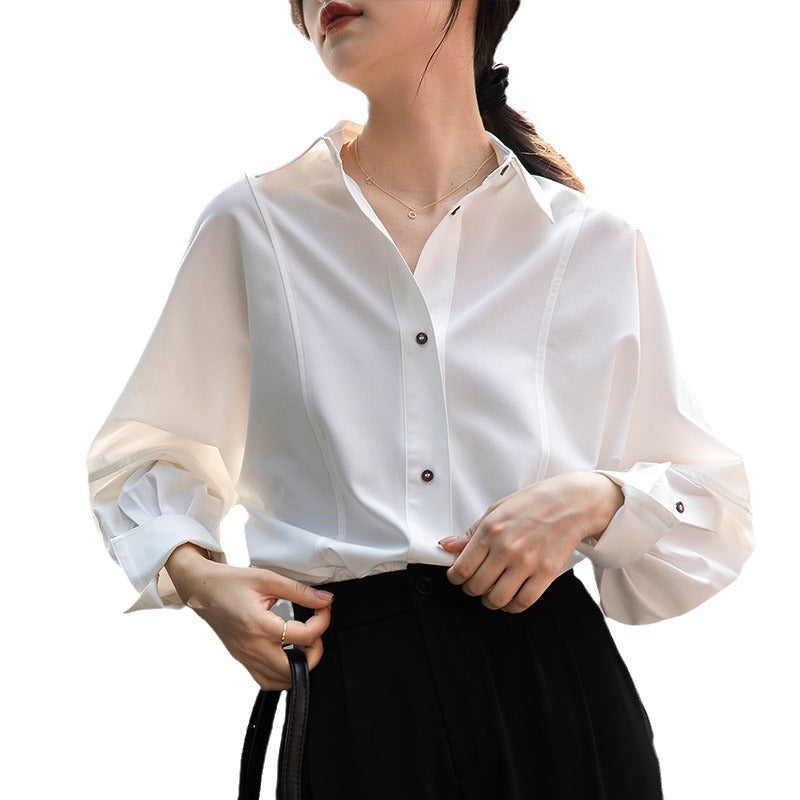 French-style women's shirt, 2026 spring and autumn, white top, new design, layering, niche style, long-sleeved, wrinkle-resistant shirt.