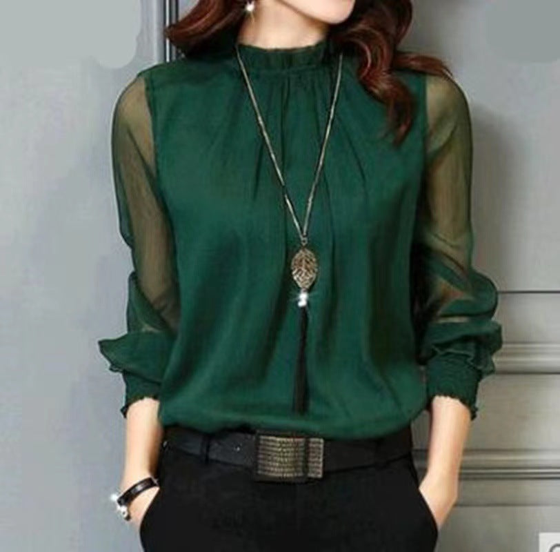 Chiffon shirt women's spring and autumn 2023 new design niche trendy black long-sleeved lace V-neck top women