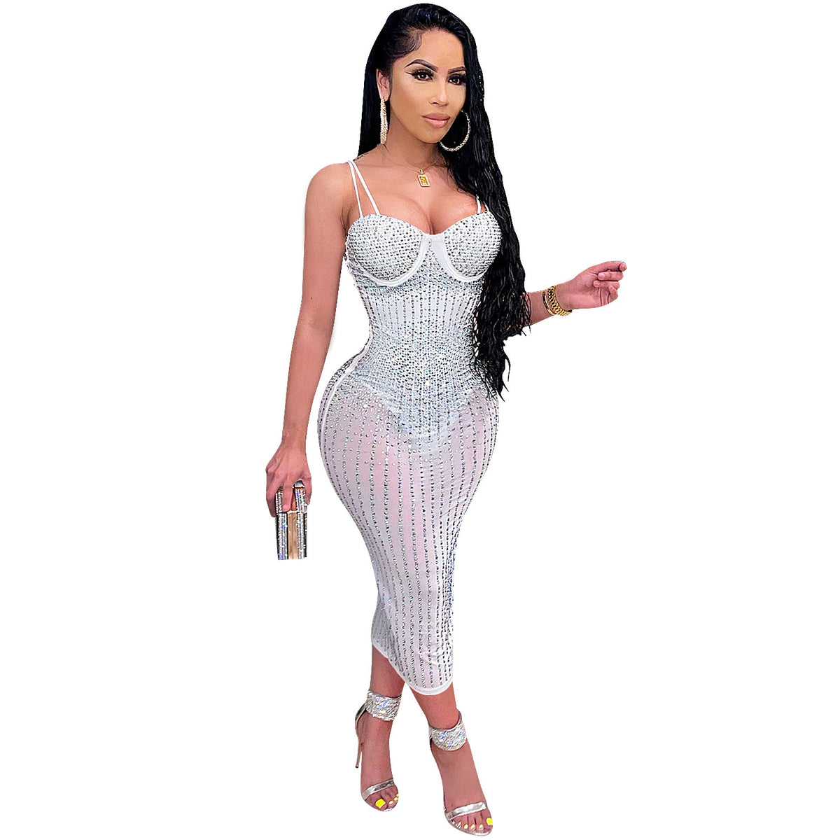 X3805 Cross-border new product European and American fashion women's clothing Party nightclub mesh see-through ironing diamond inlaid diamond strap dress
