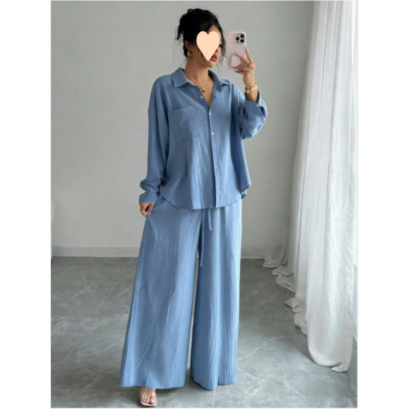 European and American cross-border spring new style elegant fashion women's two-piece set plus size faux linen shirt set high waist loose trousers