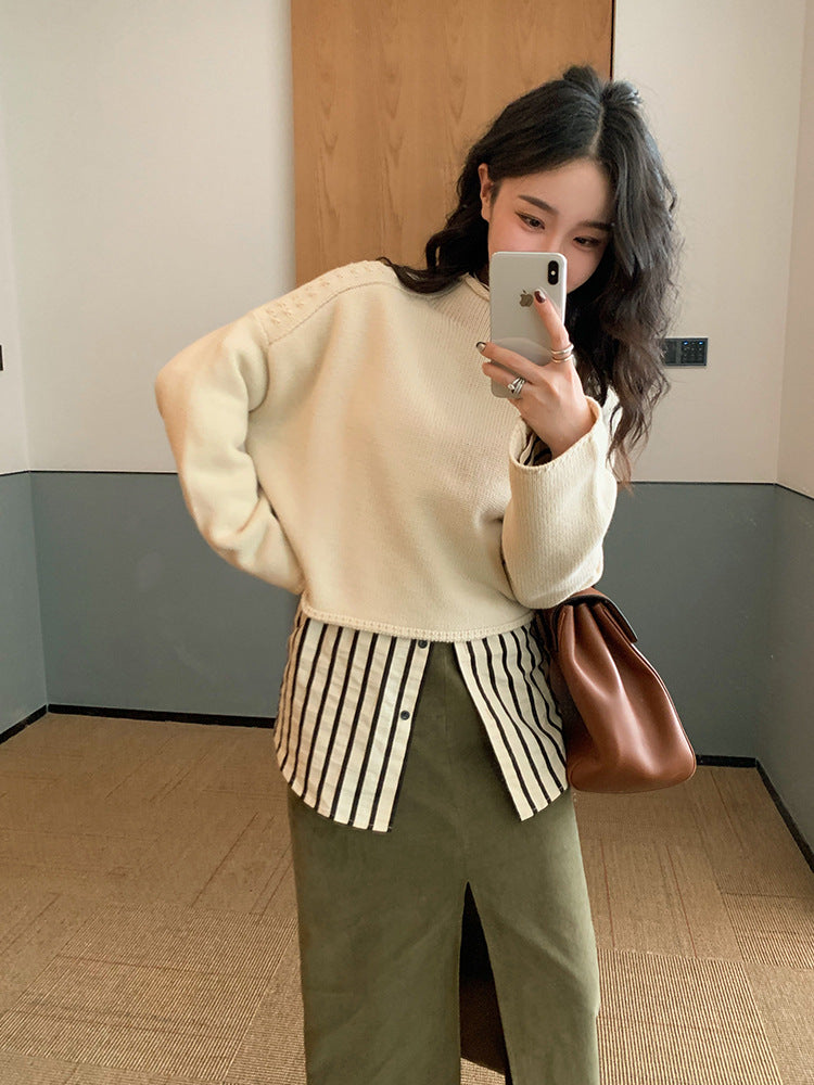 Lazy French style Hong Kong style temperament long-sleeved tops for women, design niche striped shirts, all-match early autumn