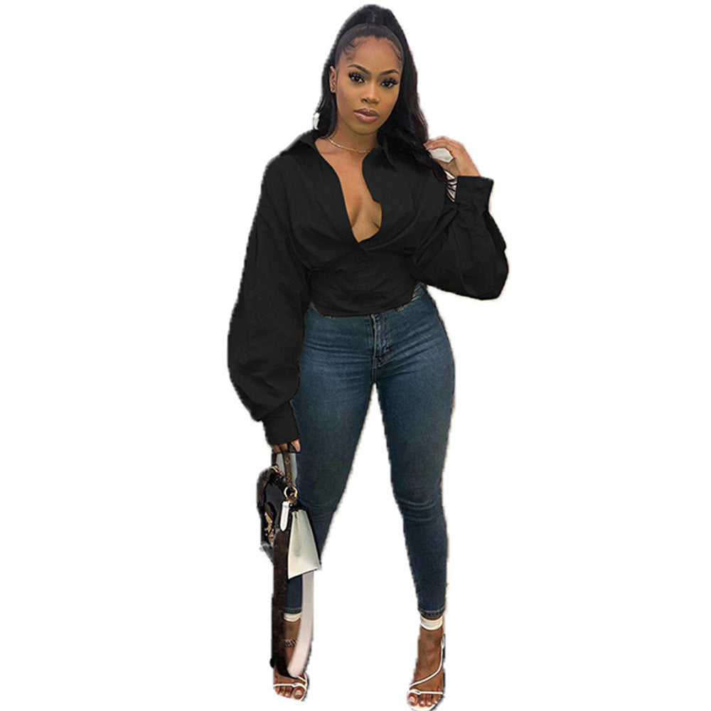 2021 spring and summer new products in Europe and America ebay AliExpress Amazon ladies lapel solid color lantern sleeve loose shirt