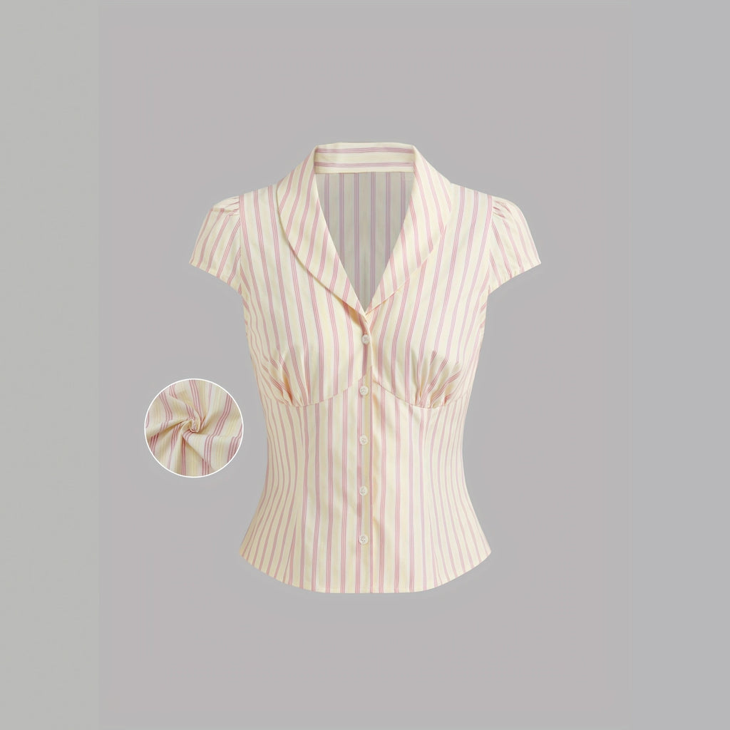 New cross-border European and American style Amazon casual ruched fashion top French women's striped button short-sleeved shirt