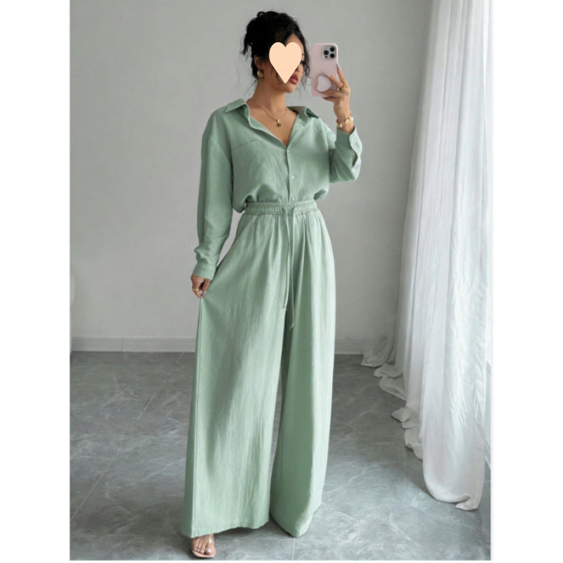 European and American cross-border spring new style elegant fashion women's two-piece set plus size faux linen shirt set high waist loose trousers