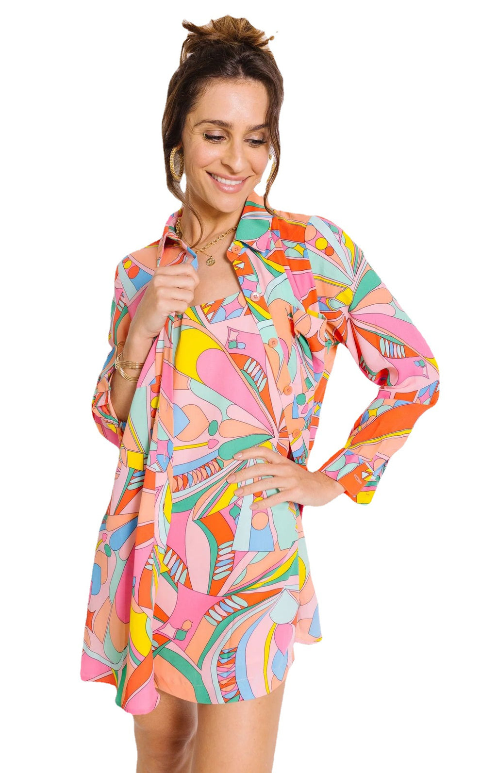 European and American cross-border women's clothing 2023 new shirt mid-length novel bright abstract printing blouse
