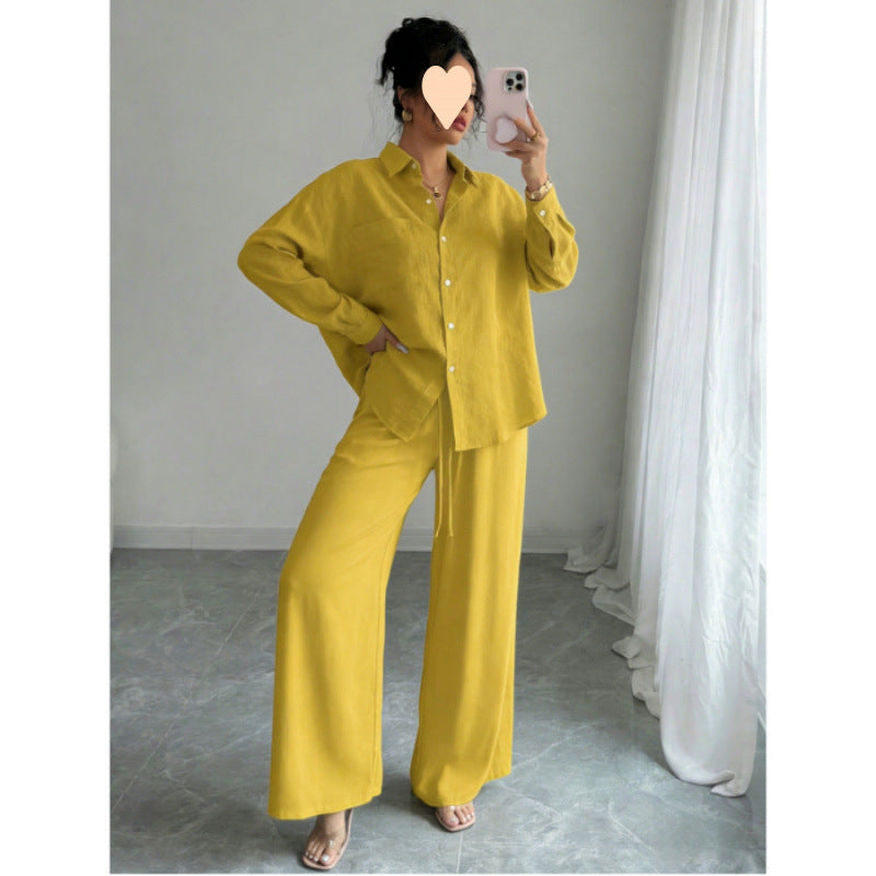European and American cross-border spring new style elegant fashion women's two-piece set plus size faux linen shirt set high waist loose trousers