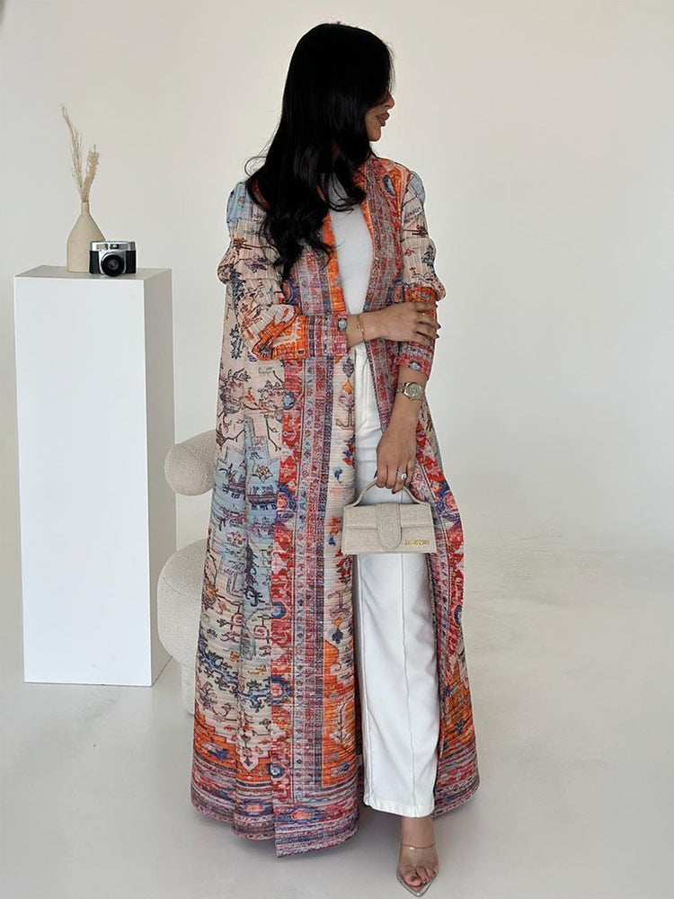 Middle Eastern robes for women Issey Miyake pleated printed cardigan long coat Arab robes large size Abaya