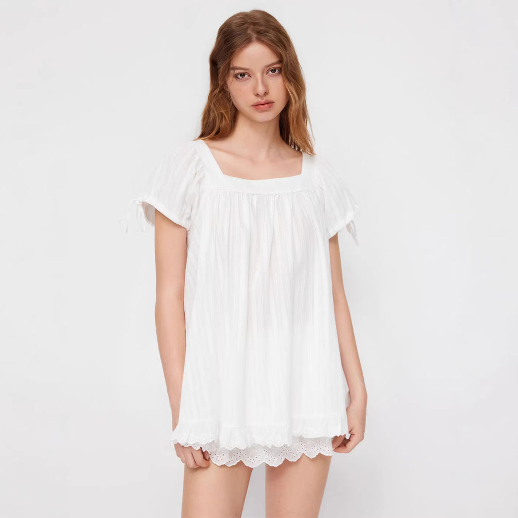 2026 New Cross-Border European and American Amazon Independent Store Women's Casual Square Neck Ruffle Tie Short Sleeve Shirt