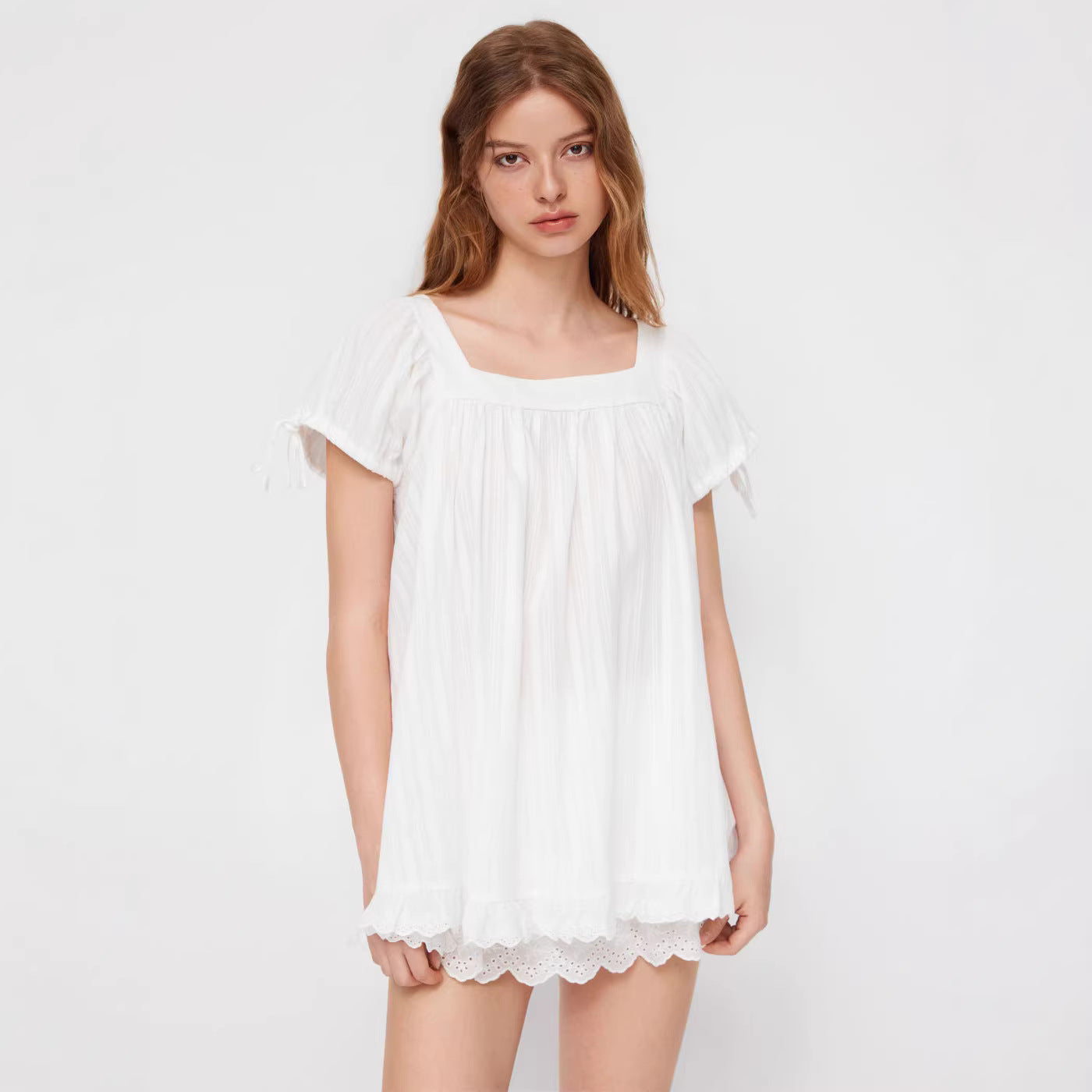 2026 New Cross-Border European and American Amazon Independent Store Women's Casual Square Neck Ruffle Tie Short Sleeve Shirt
