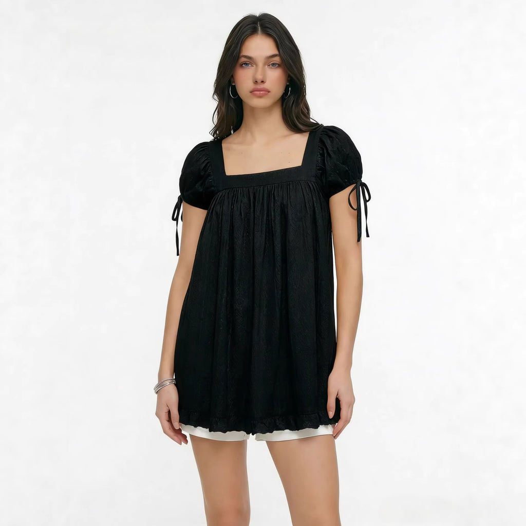 2026 New Cross-Border European and American Amazon Independent Store Women's Casual Square Neck Ruffle Tie Short Sleeve Shirt