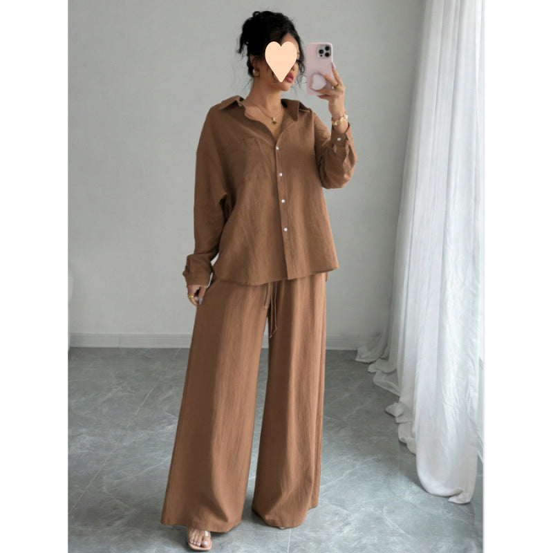 European and American cross-border spring new style elegant fashion women's two-piece set plus size faux linen shirt set high waist loose trousers