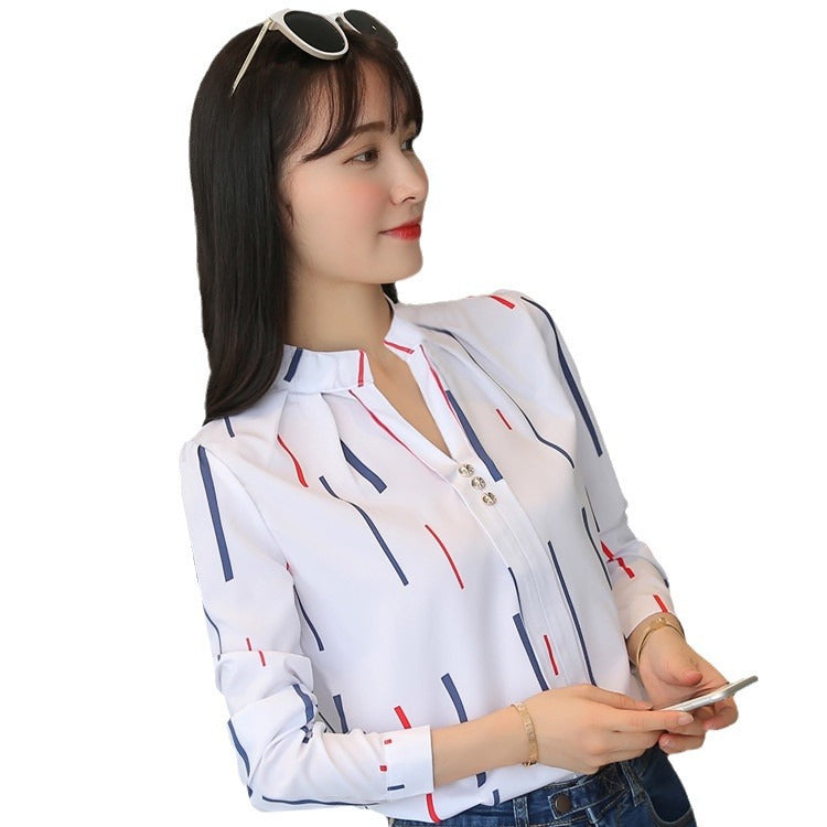 2024 Spring and Autumn New Temperament Casual Striped Long Sleeve Shirt Loose White Stand Collar Top Women's Pullover