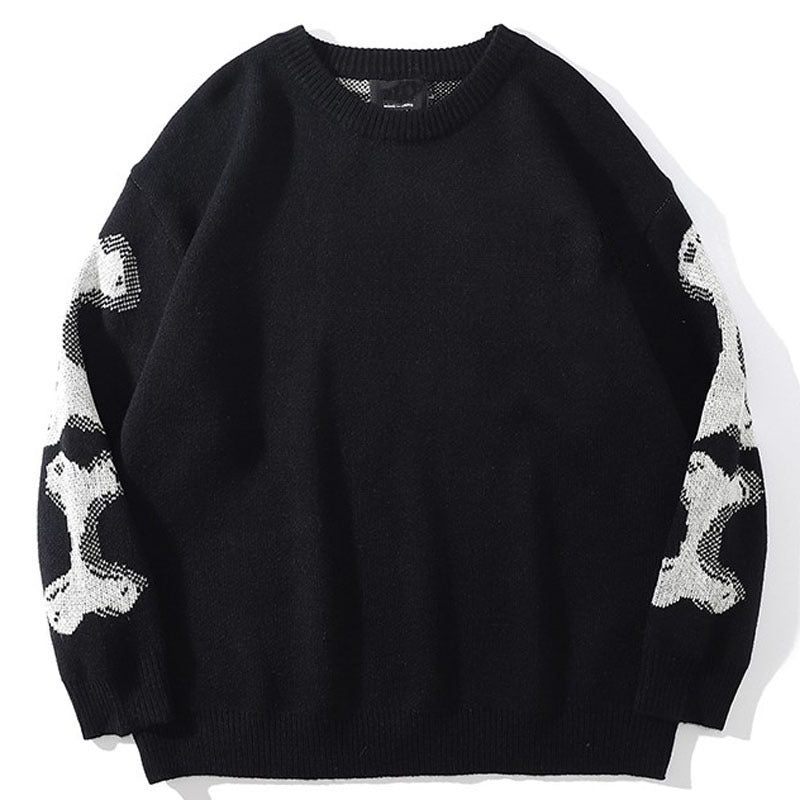 Japanese tide brand autumn skeleton round neck long-sleeved men's and women's fashion autumn and winter loose oversize pullover trend sweater