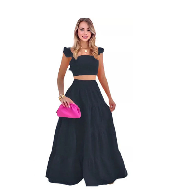 2023 summer European and American cross-border new temperament sexy solid color mid-waist suspenders two-piece suit dress