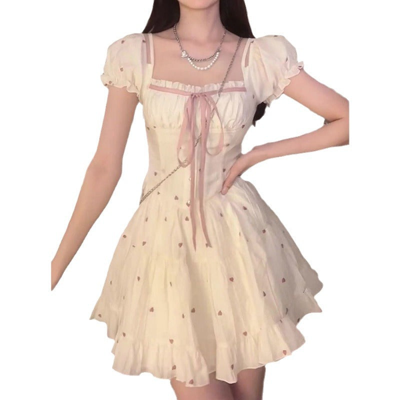 Design niche high waist slim dress women's summer new style puff sleeve square collar age-reducing princess puffy skirt