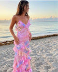 European and American style ins foreign trade women's fashion printing sexy sling backless lace irregular dress trendy Dress