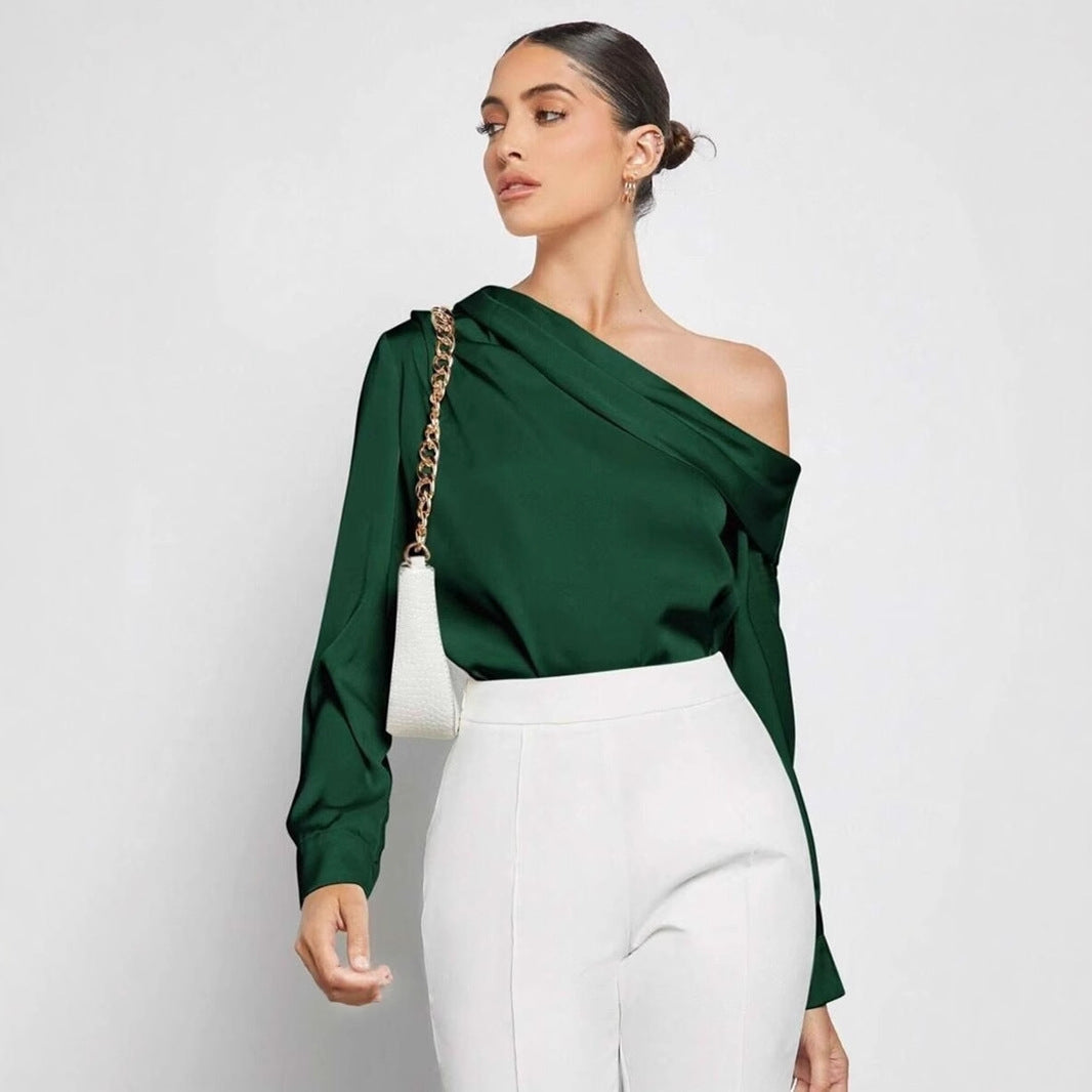 Foreign trade cross-border pleated satin shirt top spring and summer European and American Amazon off-shoulder asymmetrical long-sleeved shirt women's clothing