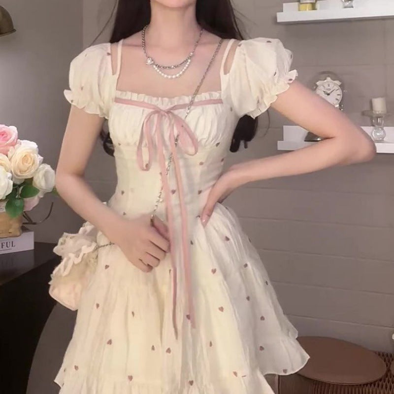Design niche high waist slim dress women's summer new style puff sleeve square collar age-reducing princess puffy skirt
