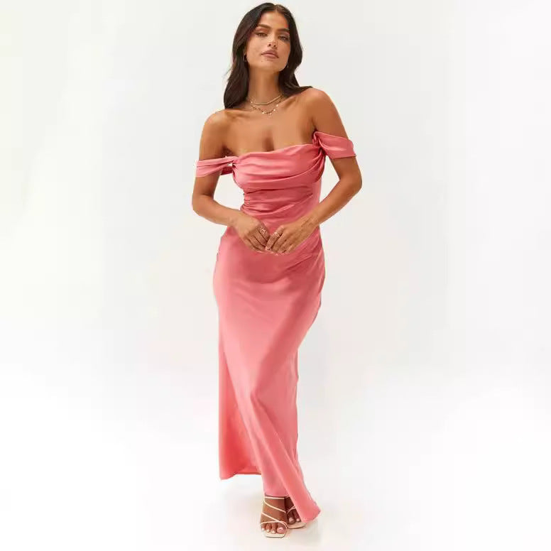 2023 Spring and Summer European and American New Ins One Shoulder Tube Top Satin Hip-Hip Backless Women's Dress Long Dress Evening Dress