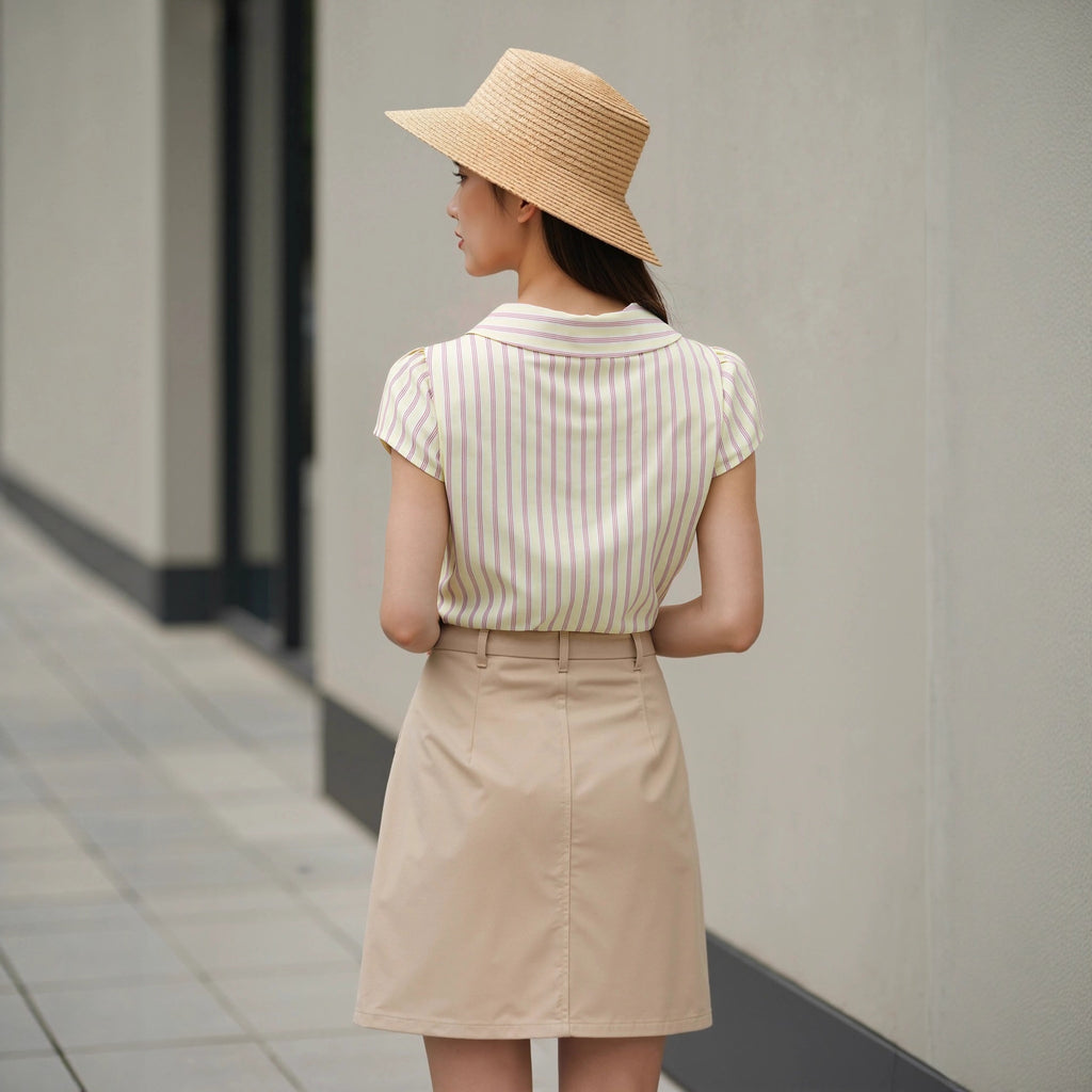 New cross-border European and American style Amazon casual ruched fashion top French women's striped button short-sleeved shirt