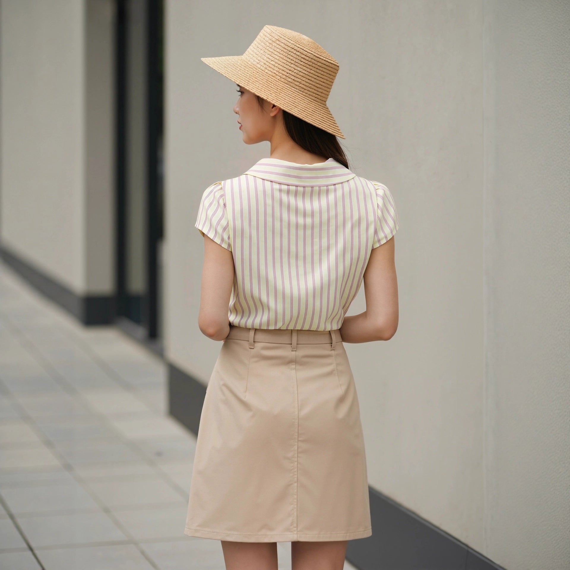 New cross-border European and American style Amazon casual ruched fashion top French women's striped button short-sleeved shirt
